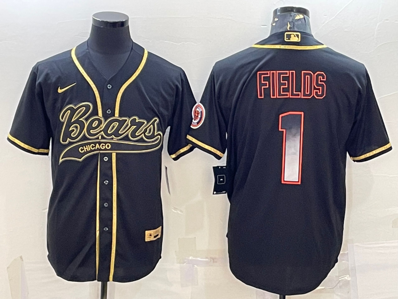Men's Black Gold Chicago Bears #1 Justin Fields With Patch Cool Base Stitched Baseball Jersey